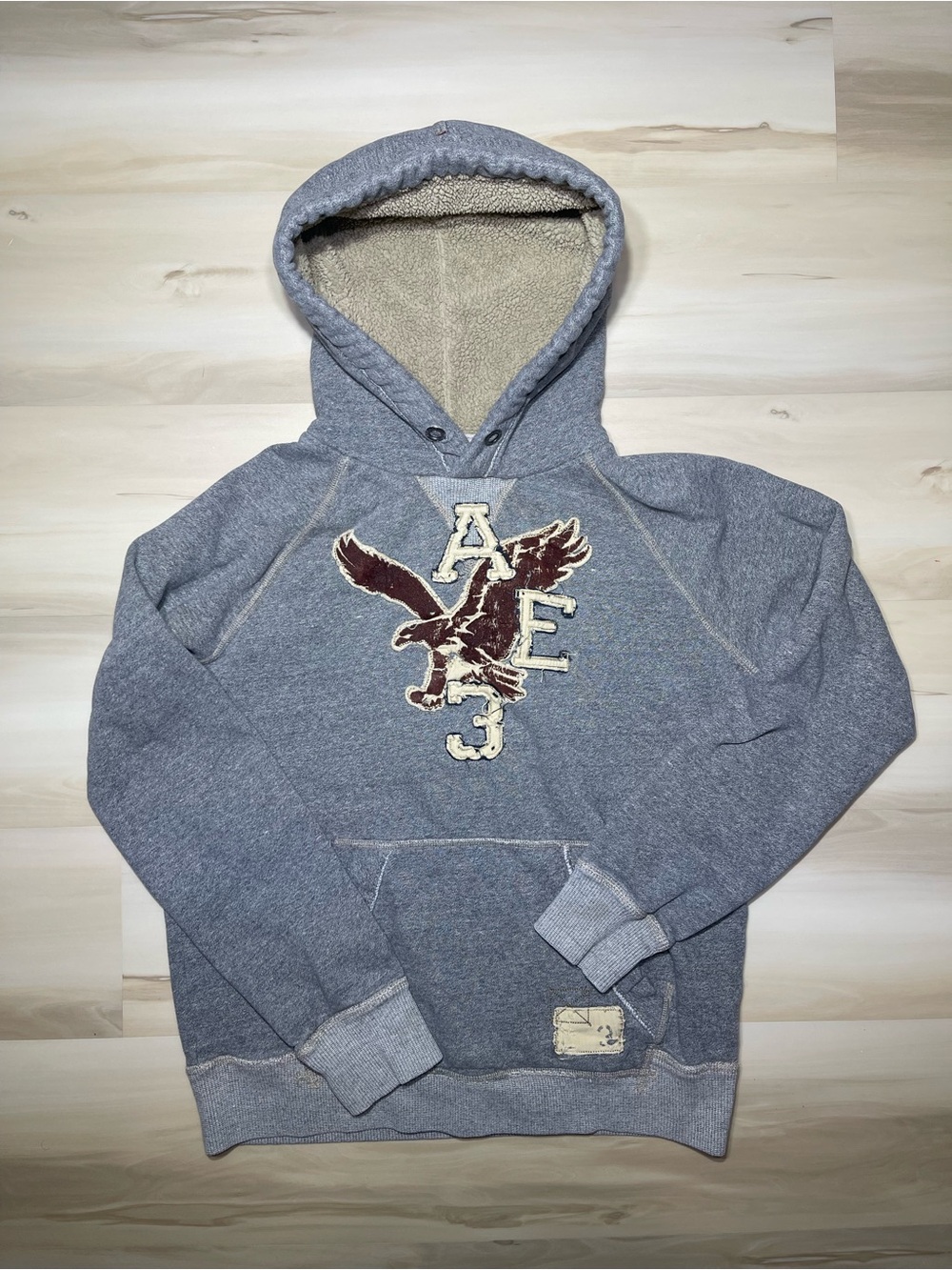 Vtg American Eagle Outfitters Sherpa Hoodie Sz S Gray Graphic Eagle Y2K Retro